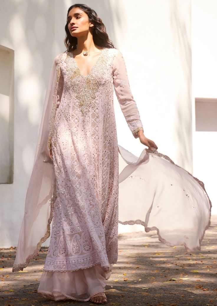 Pink kalidaar featuring floral paisley chikankari embroidered base, highlighted by zardosi, mukaish work, embellished by pearls. Comes with flared pant and dupatta. Kurta And Sharara Set, Kurta And Sharara, Mukaish Work, Tuxedo Accessories, Luxury Pret, Summer Bride, Sharara Set, Modern Dress, Kurta Set