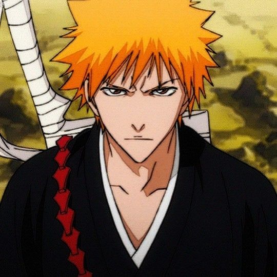 an anime character with orange hair and horns on his head, staring at the camera