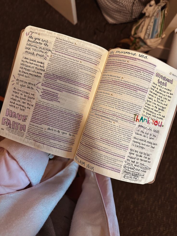 an open bible with words written on it