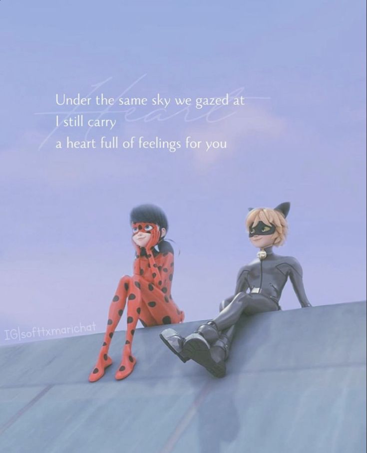 two dolls sitting on top of a roof with a quote above them that says under the same sky we gaze at i still carry a heart full of feelings for you