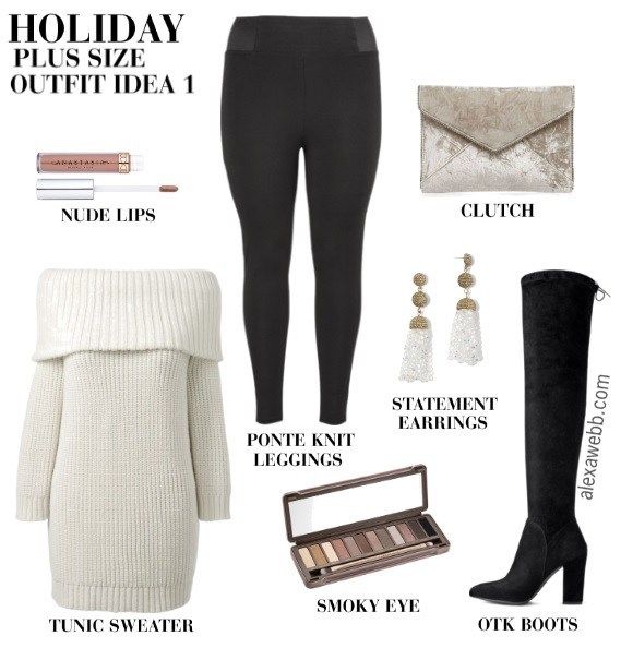 Plus Size Christmas Day Outfits - Alexa Webb Tunic Sweater Outfits, Christmas Day Outfits, Rainy Day Dress Outfit, Green Plaid Skirt, Plus Size Business, Alexa Webb, Knee Boots Outfit, Day Outfit Ideas, Plus Size Christmas