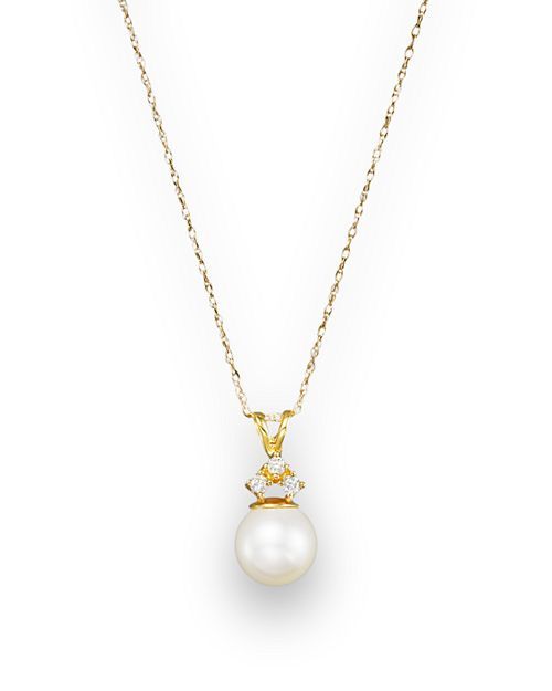 Bloomingdale's - Cultured Pearl and Diamond Pendant Necklace in 14K Yellow Gold, 18" - 100% Exclusive Exquisite Yellow Gold Necklace With Pearl Drop, Elegant Yellow Gold Teardrop Solitaire Necklace, Yellow Gold Necklace With Elegant Design For Formal Occasions, Yellow Gold Necklaces With Elegant Design For Formal Occasions, Fine Jewelry Pendant Necklace For Formal Occasions, Elegant Yellow Gold Necklace For Formal Occasions, Yellow Gold Solitaire Gemstone Necklace For Formal Occasions, Formal Fine Jewelry Necklace With Teardrop Pendant, Fine Jewelry Teardrop Pendant Necklace For Formal Occasions