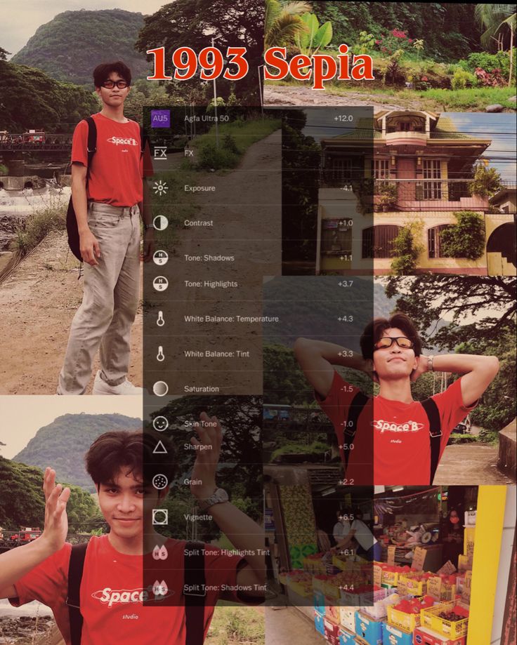 a man standing in front of a collage of photos with the caption 19 sepia