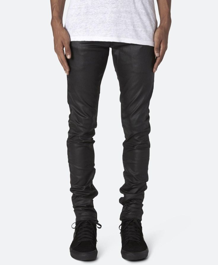 Modern Black Bottoms With Zip Fly, Modern Black Bottoms With Five Pockets, Black Stretch Leather Pants For Streetwear, Leather Bottoms For Spring Streetwear, Spring Leather Bottoms For Streetwear, Edgy Black Slim Fit Bottoms, Black Slim Fit Edgy Bottoms, Black Leather Pants With Five Pockets, Modern Black Fall Bottoms