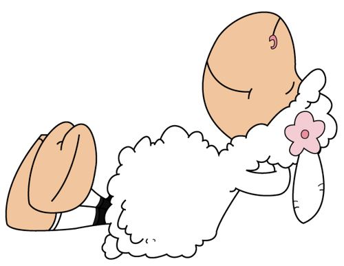 a cartoon sheep laying on its back holding a flower