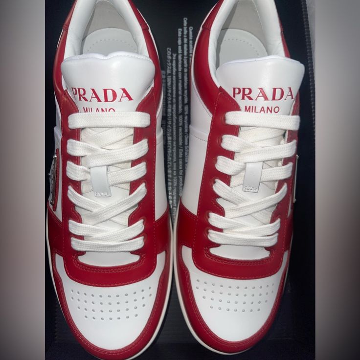 Never Worn Red Prada Sneakers Sneakers Come With Dust Bag And Original Box Sizeuk 6.5, Us 8 Red Leather Custom Sneakers With Perforated Toe Box, Designer Red Sneakers With Branded Heel Counter, Classic Red Sneakers With Perforated Toe Box, Designer Red Sneakers With Branded Heel, Luxury Red Sneakers With Round Toe, Luxury Red Sneakers For Streetwear, Designer Red Lace-up Sneakers, Designer Calf Leather Sneakers With Red Sole, Prada Shoes Sneakers