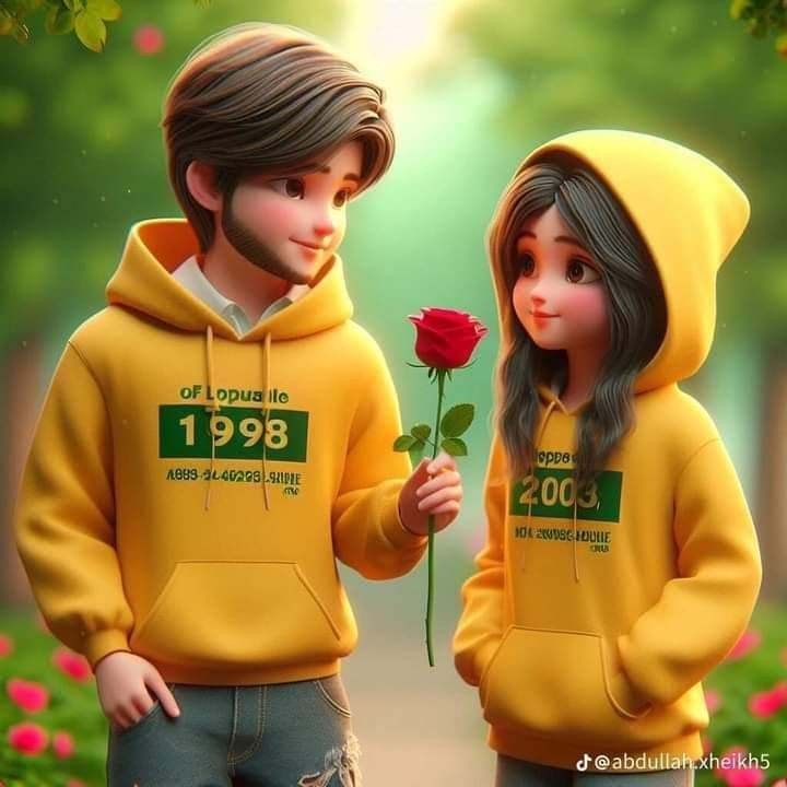 two children in yellow hoodies holding a rose and looking at each other with the same name on it