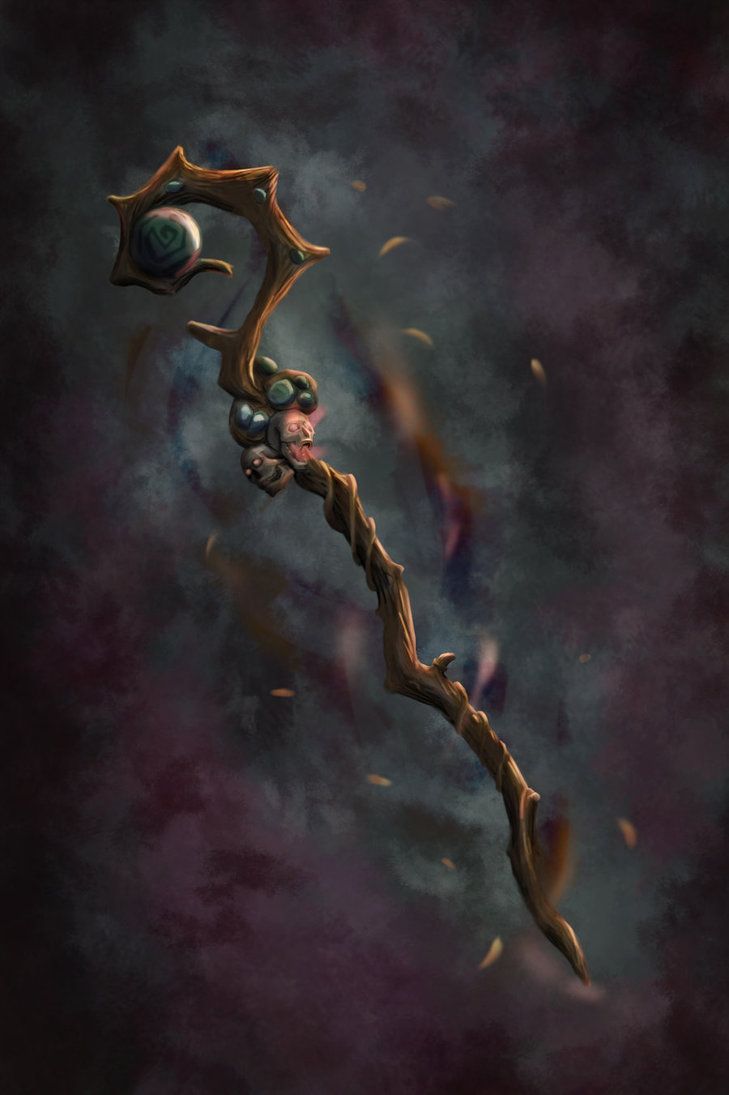 an artistic painting of a stick with a skull on it's end, in front of a dark background