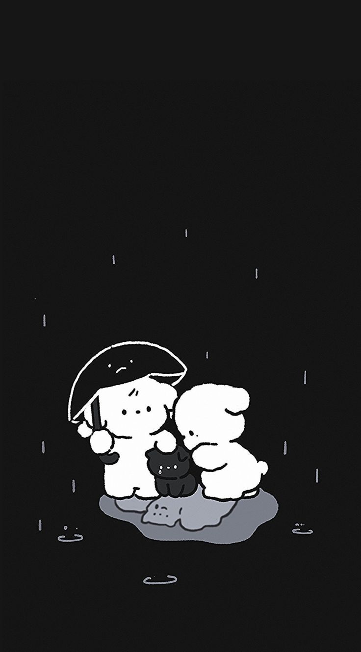 a black and white drawing of two teddy bears hugging under an umbrella in the rain