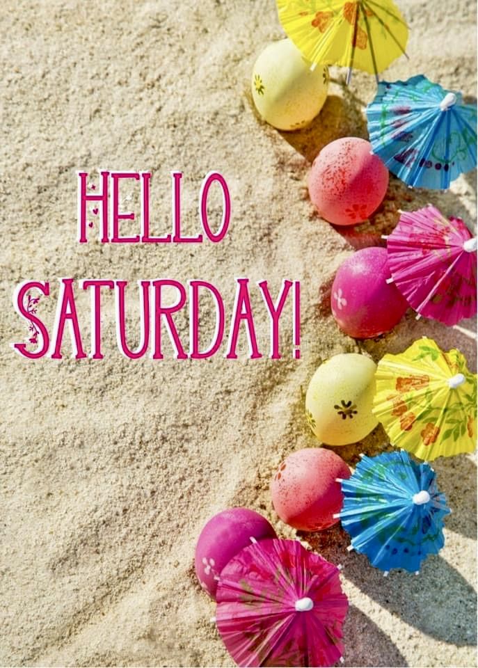 there are many umbrellas in the sand with words hello saturday written on them,