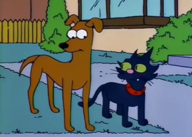 a cartoon dog and cat standing next to each other in front of a house with trees