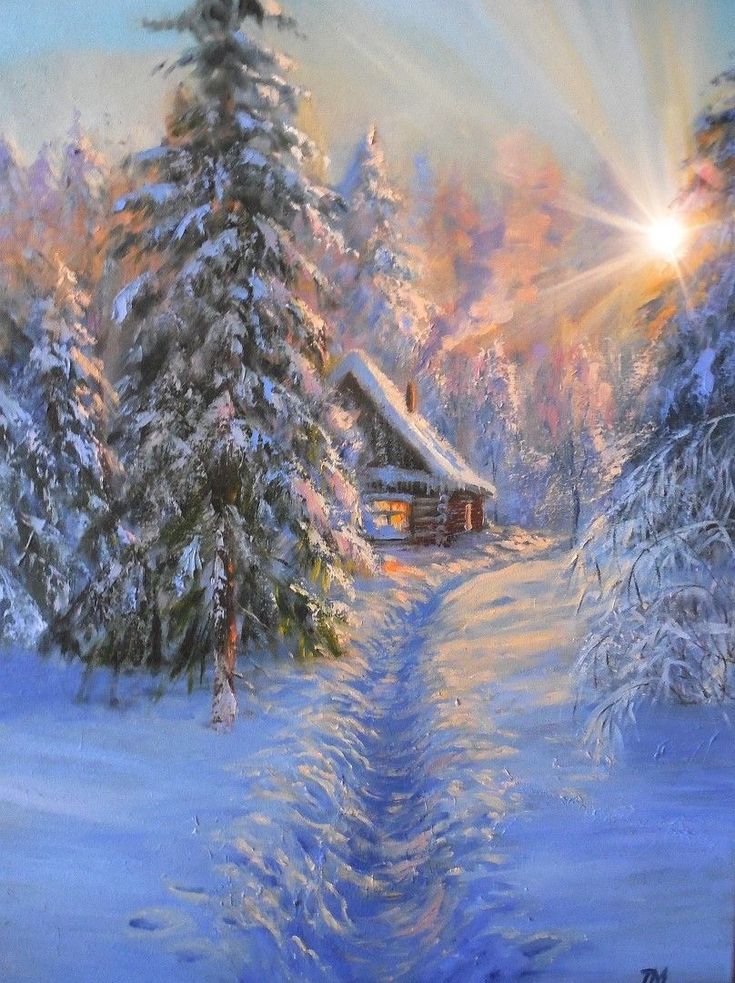 a painting of snow covered trees and a cabin with the sun shining down on it