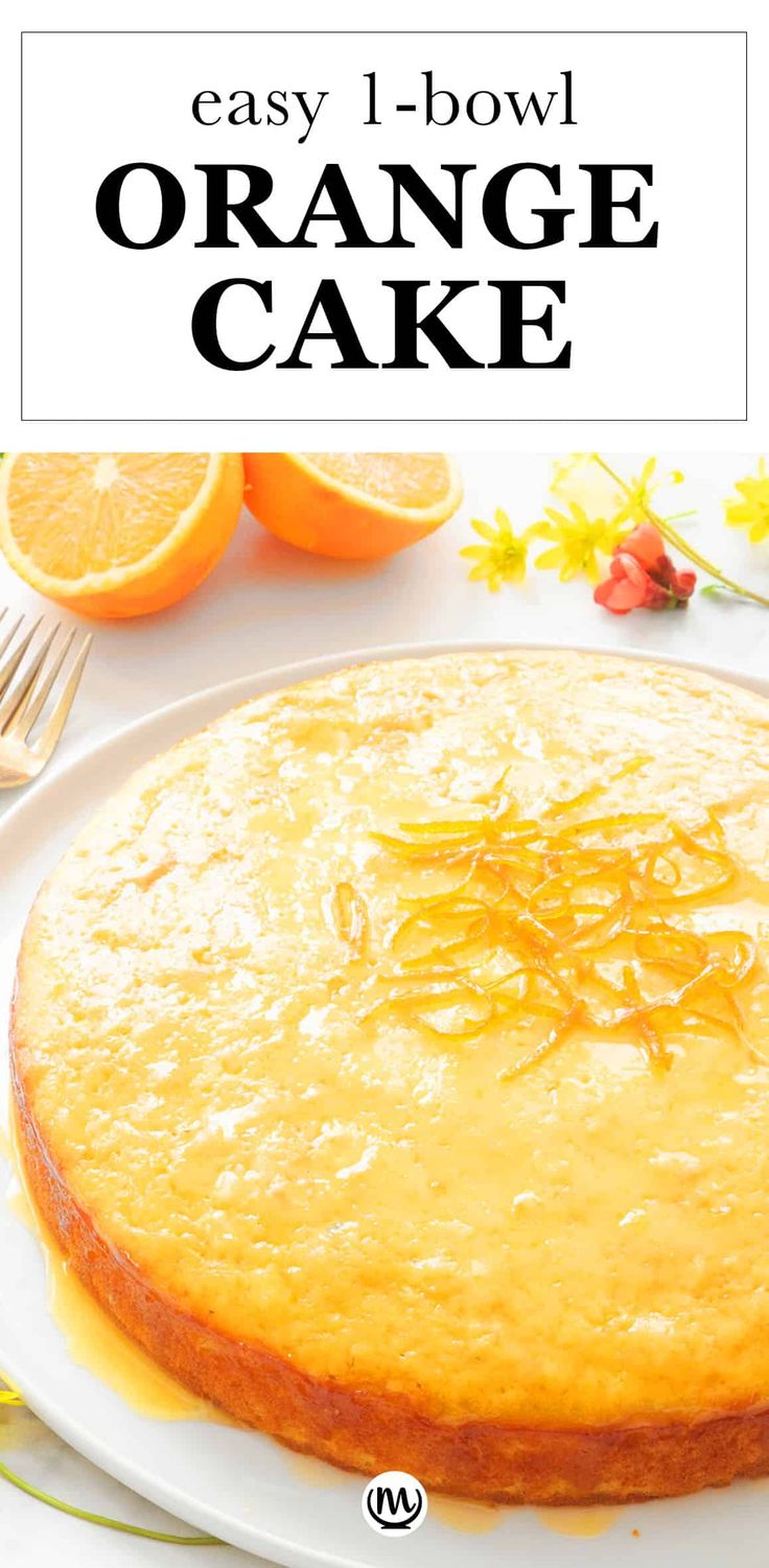 an orange cake on a white plate with the words easy 1 - bowl orange cake