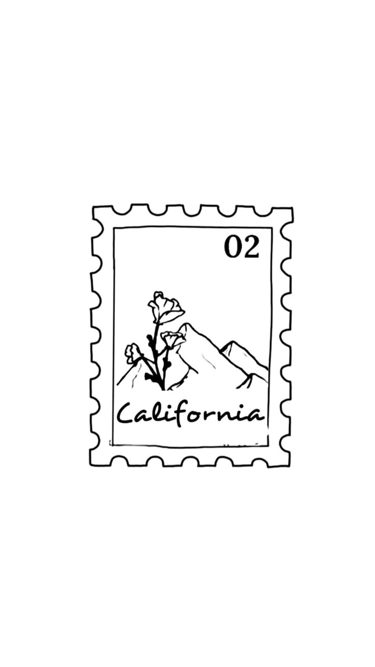 a stamp with the word california on it and a mountain in the background, outlined in black ink