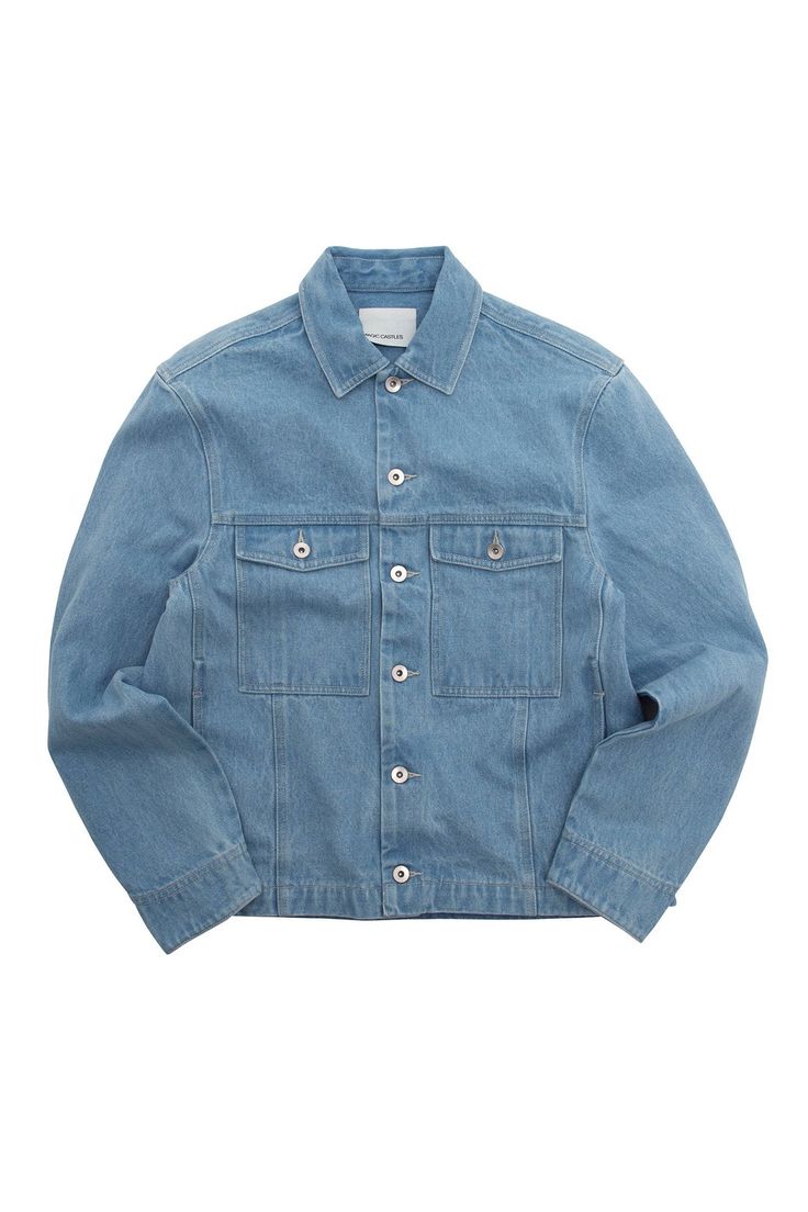 A boxy denim style jacket with articulated chest pockets. Metal shank style buttons at front and cuffs. Embroidered motif on back. Stone washed and bleached denim panelling with contrast colour topstitching. Side panels with set in pockets. Angled back yoke and neat pointed collar. NEED TO KNOW Clean, straight hem Denim style metal shank buttons at front opening and cuffs Large baggy chest pocket with gusset Magic Castles logo detail in silk thread Side panels with pockets Contrast colour topsti Spring Recycled Denim Jacket With Patch Pockets, Medium Wash Recycled Denim Jacket With Patch Pockets, Denim Blue Denim Jacket With Patch Pockets, Washed Blue Denim Jacket With Buttoned Pockets, Relaxed Fit Denim Jacket With Patch Pockets, Light Wash Relaxed Fit Denim Jacket In Recycled Denim, Relaxed Fit Washed Blue Denim Jacket With Patch Pockets, Light Wash Relaxed Fit Recycled Denim Jacket, Relaxed Fit Recycled Denim Jacket With Pockets