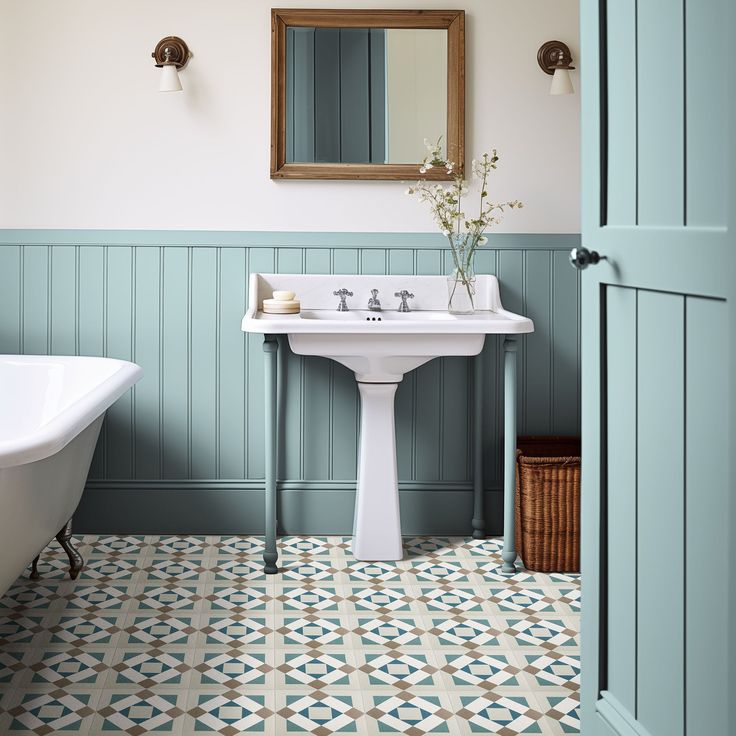 a bathroom with a sink, mirror and bathtub in the corner next to it