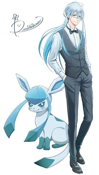 an anime character standing next to a white and blue pokemon with long hair, wearing a tuxedo