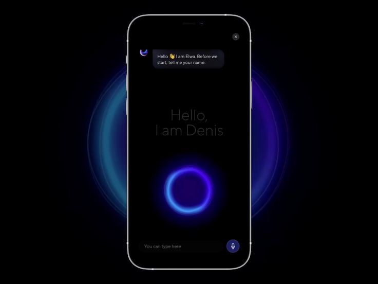 an iphone with the text hello, i am denis on it and a glowing circle