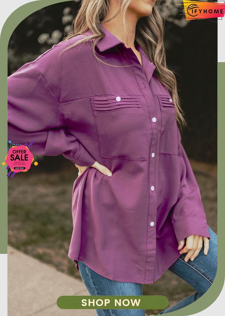 Purple Solid Pocket Long Sleeve Button-up Shirt Casual Solid Shirt With Snap Buttons, Solid Shirt With Lapel Collar And Buttons, Casual Purple Blouse With Buttons, Purple Button-up Top With Buttons, Solid Shirt With Buttoned Pockets For Fall, Solid Color Shirt With Button Closure And Spread Collar, Shirt With Buttoned Pockets For Fall, Fall Shirt With Solid Color And Buttoned Pockets, Casual Shirt With Lapel Collar And Buttons