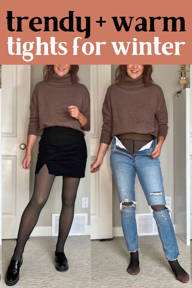 Cute winter tights outfit ideas anyone? These amazing winter tights are the best tights ever! Who need Gucci tights when you have these warm fleece lined tights that look like sheer nylon tights to rock with trendy outfits? Translucent Tights Outfit, Opaque Tights Outfit Winter, Brown Tights Vs Black Tights, Back Seam Tights Outfit, Best Tights For Women, Fleece Stockings Outfit, Fleece Tights Outfit Cold Weather, Thermal Tights Outfit, Tights Outfit Winter Casual