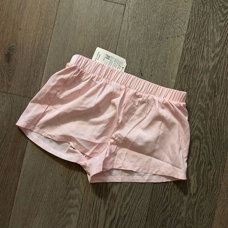 Pink Striped Shorts From Korea Fits Like A Small Polyester Material Spring Sleepwear With Built-in Shorts And Stretch, Summer Sleepwear With Short Legs, Summer Sleepwear With Built-in Shorts, Summer Workout Pajama Shorts, Pink Boxer Briefs With Built-in Shorts For Summer, Summer Workout Boxer Briefs, Summer Casual Loungewear Boxer Briefs, Cute Boxers For Woman, Casual Summer Loungewear Boxer Briefs