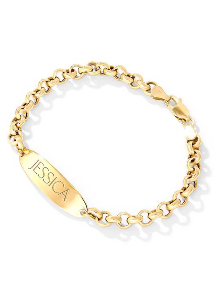 $99.00 Color: Gold Gold Silver PRODUCT DESCRIPTION Personalized ID Bracelet in 18K Yellow Gold over Sterling Silver The bracelet measures 7 inches long. Enter up to 10 characters with no spaces. All personalized bracelet sales are final. Please double check spelling! Personalized bracelets are made to order and may take up to 17 days to ship. Once your bracelet ships, you'll be notified with ETA. Preview your design by entering in your name. Yellow Gold Polished Stainless Steel Bracelets, Polished Gold Bracelet As A Gift, Polished Metal Gold Bracelet As A Gift, Silver Nameplate Bracelet Tarnish Resistant, Personalized Yellow Gold Metal Chain Bracelet, Personalized Yellow Gold Metal Bracelets, Personalized Yellow Gold Metal Bracelet, Personalized Classic Gold Bangle Bracelet, Oval Engraved Bracelets For Gifts