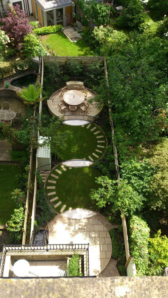 an aerial view of a garden with steps leading up to the house and trees surrounding it