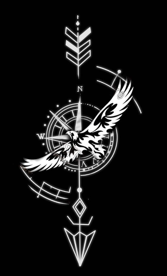 a black and white drawing of a bird on a compass with arrows in the background