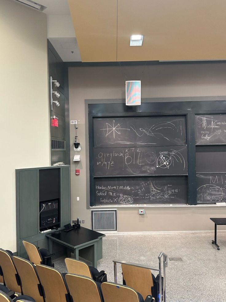 an empty classroom with chairs and chalkboards on the wall