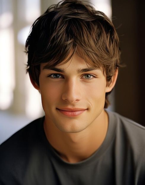 a close up of a person wearing a black shirt and looking at the camera with a smile on his face