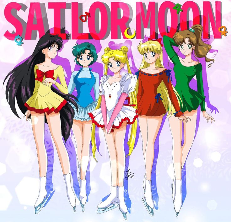 the sailor moon girls are standing together in front of an advertisement for sailor moon, which is