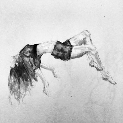 a black and white drawing of a woman laying down on her back with legs spread out