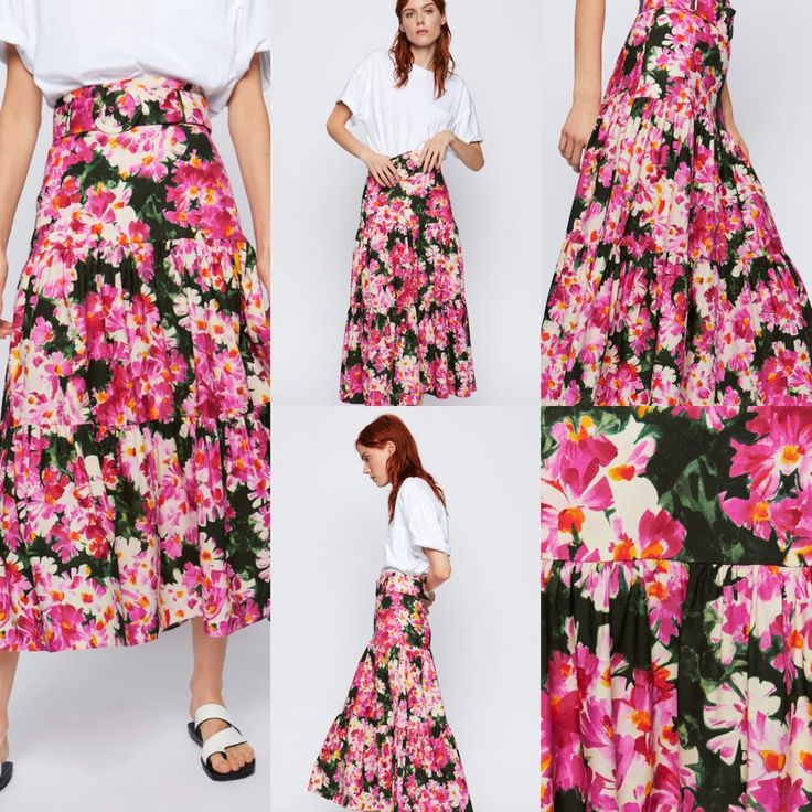 Zara Floral Pink Skirt With Belt. 100% Cotton Vacation Floral Print Full Skirt Bottoms, Floral Print Full Skirt Bottoms For Vacation, Floral Print Full Skirt For Vacation, Zara Summer Flowy Maxi Skirt, Zara Flowy Summer Maxi Skirt, Zara Flowy Maxi Skirt For Summer, Zara Flowy Tiered Maxi Skirt, Floral Print Full Skirt Bottoms For Day Out, Zara Tiered Skirt For Spring