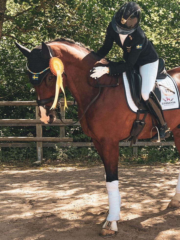 a woman riding on the back of a brown horse next to a wooden fence and trees