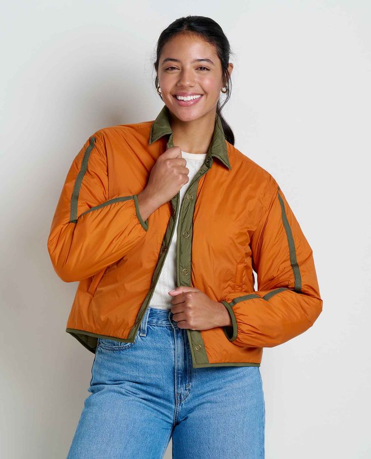 Your new favorite jacket for all-season wear. Made from packable and water-resistant 100% recycled nylon fabric, versatile across tons of temps, and fully reversible for two-in-one wear (it’s even got pockets on both sides). Vintage Outerwear, Resale Shops, Reversible Jacket, Persimmon, Nylon Fabric, Toad, Sleeve Detail, Sweater And Shorts, Shirt Sale