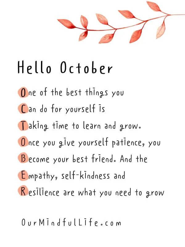 the words hello october written in red ink on white paper with an orange and pink leaf