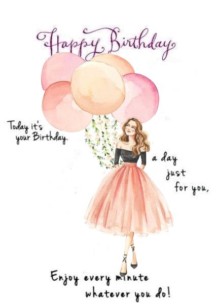 a birthday card with a woman holding balloons and the words happy birthday, on it