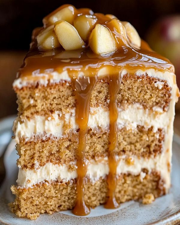 a piece of cake on a plate with caramel drizzle and apple slices