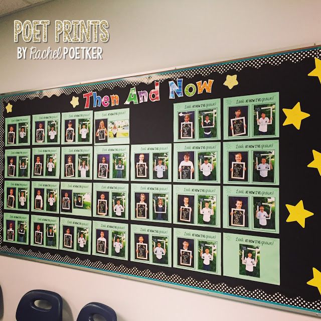 a bulletin board with pictures and stars on it