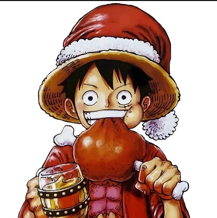 one piece is holding a beer and wearing a santa hat