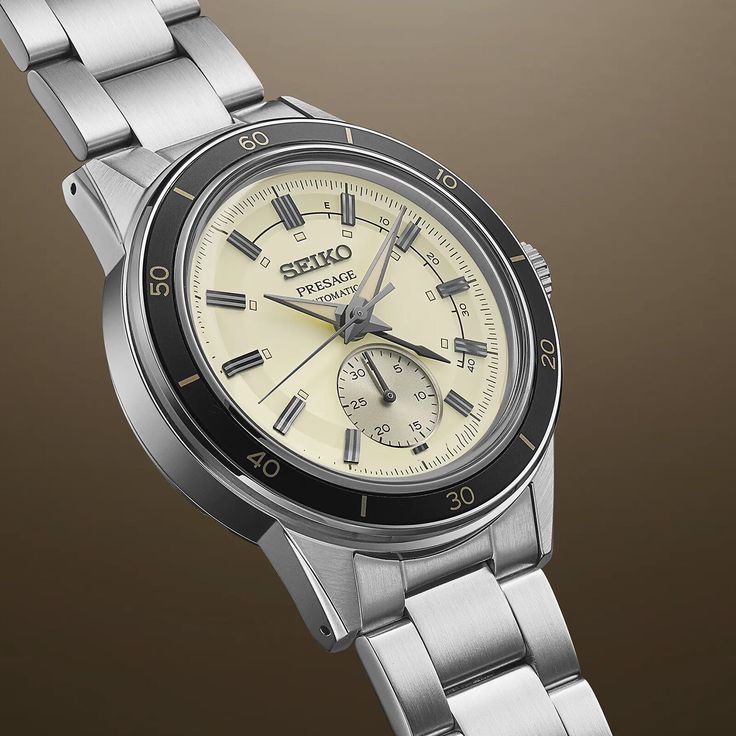 This timepiece is from the Presage Style 60s collection: practical modern watches with retro vintage 1960s looks. The collection is inspired by the design of Japan’s first ever chronograph, originally created by Seiko in 1964 to coincide with an important sporting event in Tokyo. This Presage watch is the first in the Style 60s series to feature the 4R57 movement, with its characteristic sub-dial at the 6 o’clock position. The power-reserve hand and indicator positioned from twelve o’clock to fo Shoe Shine Kit, Seiko Presage, Vintage Details, Minimalist Watch, Hand Design, Modern Watches, Seiko Watches, Watch Movement, Watch Sale