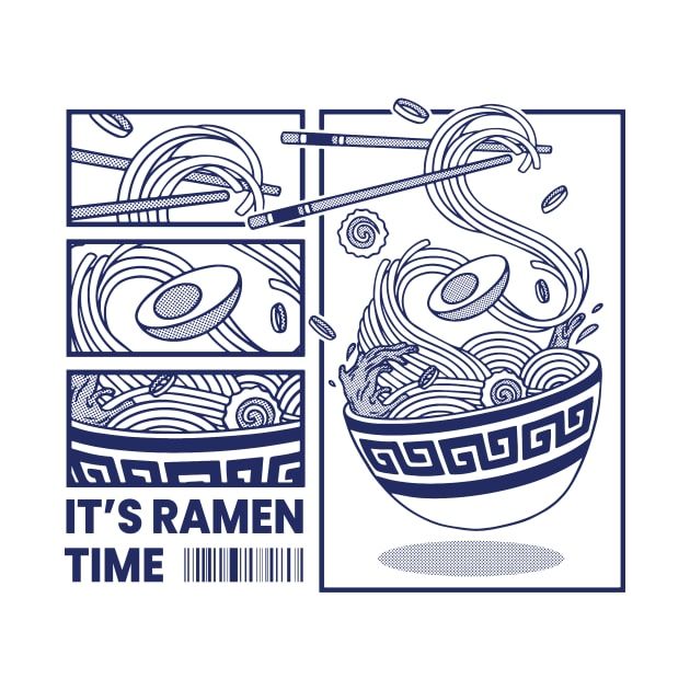 a bowl of noodles with chopsticks in it and the words it's ramen time