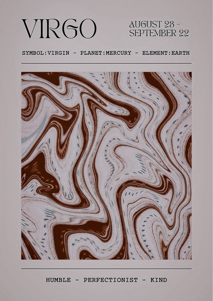 the front cover of virgo magazine, featuring an abstract marble pattern in brown and white