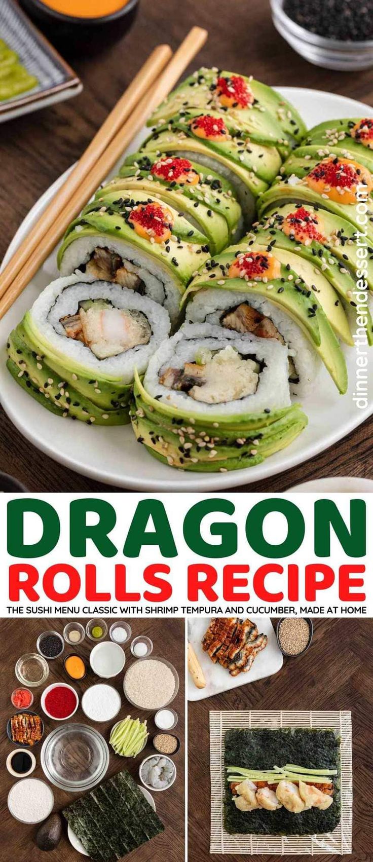 dragon rolls recipe on a white plate with chopsticks and sauce in the background