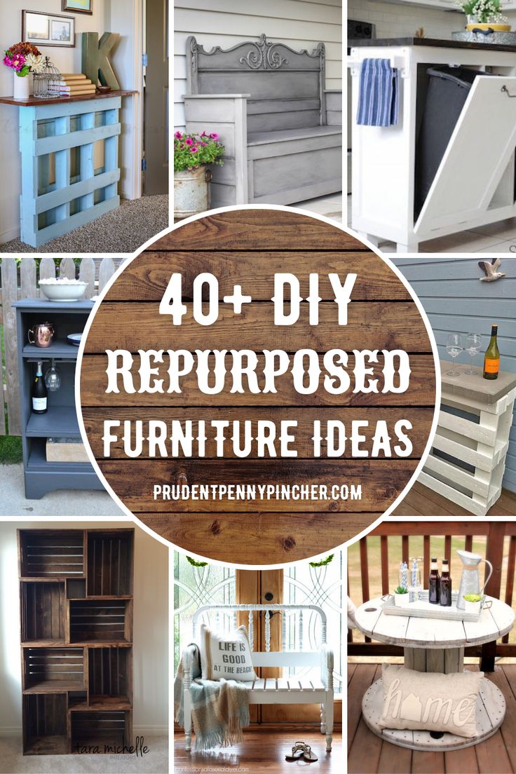 the words 40 diy repurposed furniture ideas are shown in four different pictures