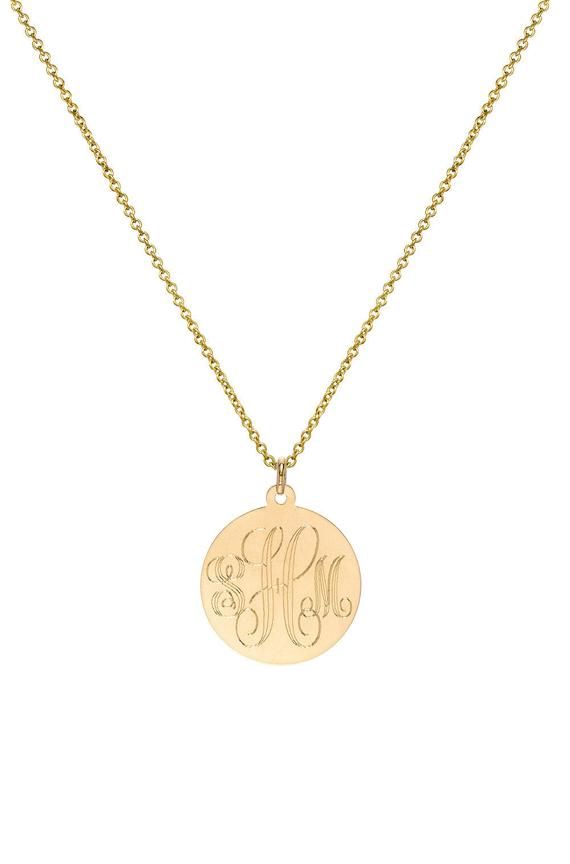 14k Gold Large Disc Pendant Classic Monogram Initial Necklace In Yellow Gold, Elegant Monogram 14k Gold Necklaces, Classic Yellow Gold Monogram Initial Necklace, Engraved Yellow Gold Initial Medallion Necklace, Personalized Yellow Gold Medallion Necklace, Elegant Personalized Medallion Necklace, Personalized Elegant Medallion Necklace, Elegant Engraved Initial Pendant Medallion Necklace, Elegant 14k Gold Round Name Necklace