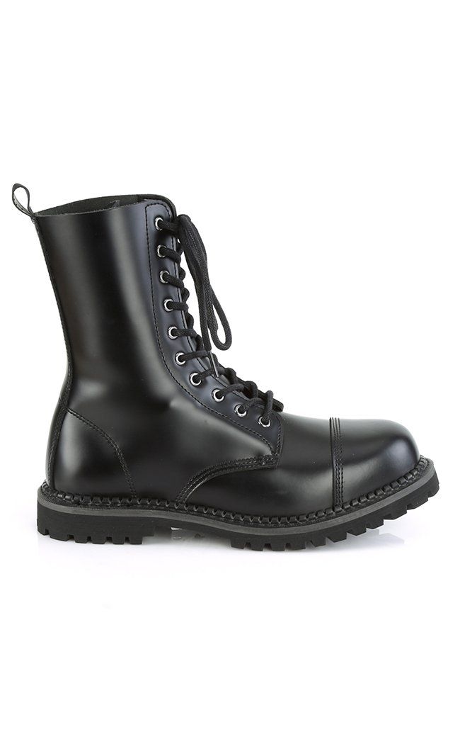 RIOT-10 Black Leather Boots-Demonia-Tragic Beautiful Concert Black, Demonia Boots, Demonia Shoes, Black Leather Ankle Boots, 2 Inch Heels, Black 7, Dr. Martens Boots, Black Ankle Boots, Leather Ankle Boots