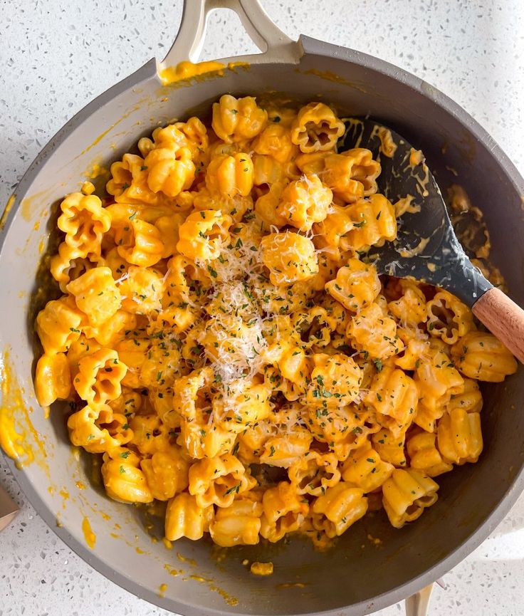 a skillet filled with macaroni and cheese