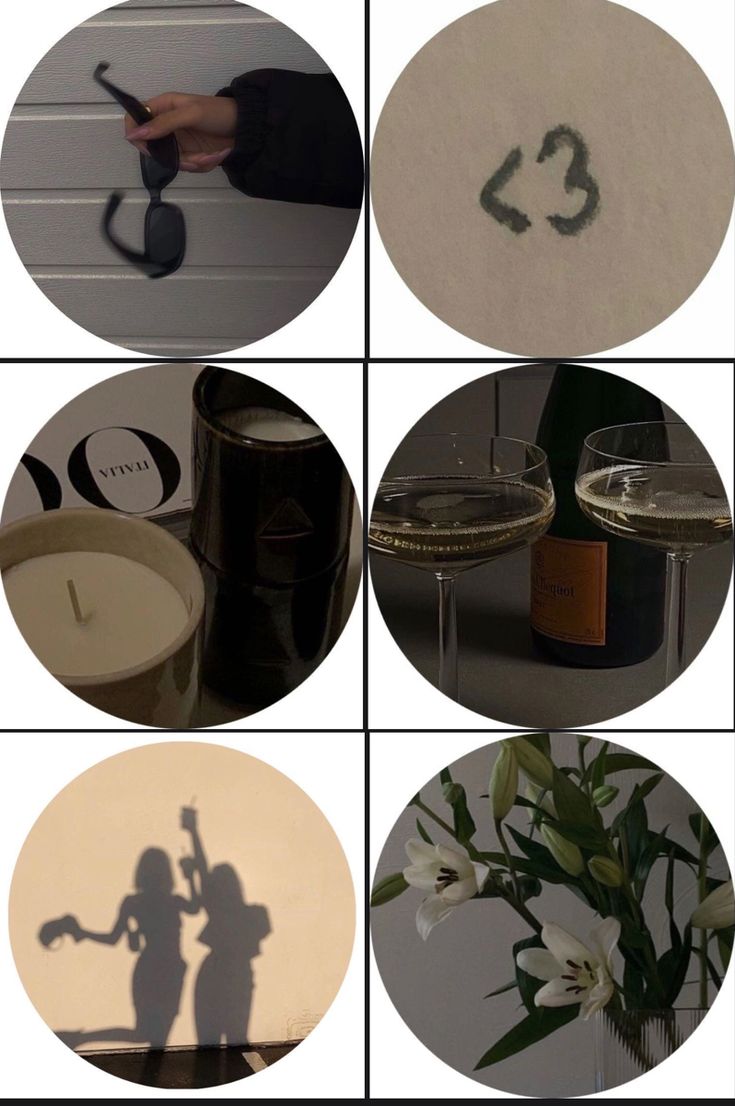 four different images with the shadows of people holding wine glasses and flowers in vases