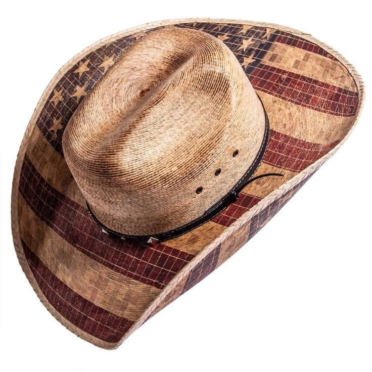 A true American classic, the Liberty embodies the liberties that come with being an American. Featuring a black and brown stitched leather hatband and American flag painted onto the brim, this hat will turn heads! Adjustable Hats For Rodeo, Adjustable Rodeo Cap, Country Style Hat With Adjustable Fit And Flat Brim, Country Style Flat Bill Hat For Country Events, Country Style Flat Bill Hats For Rodeo, Adjustable Fit Brown Hat For Country Events, Rodeo Straw Cap Hat, Adjustable Fit Brown Country Hat, Brown Adjustable Fit Country Hat